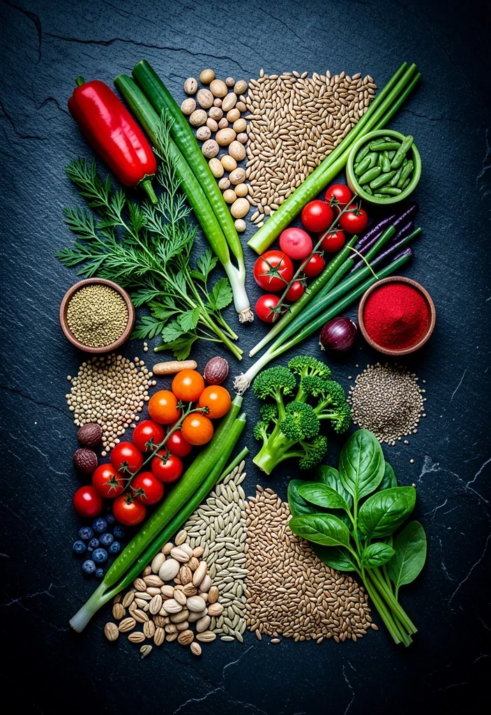 Vegetales frescos y granos enteros